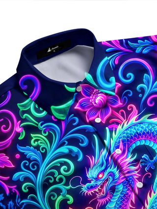 Adaychic Men's Graphic Neon Fantasy Dragon Print Long Sleeve Shirt with Chest Pocket