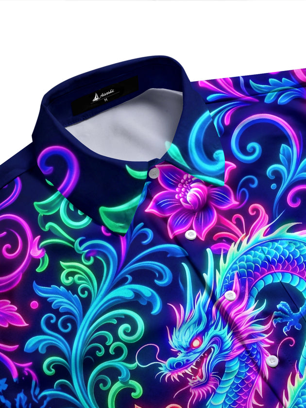 Adaychic Men's Graphic Neon Fantasy Dragon Print Long Sleeve Shirt with Chest Pocket