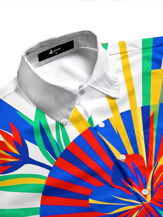 Adaychic Men's Short Sleeve Shirt - Tropical Hibiscus And Geometric Sunburst Print with Chest Pocket