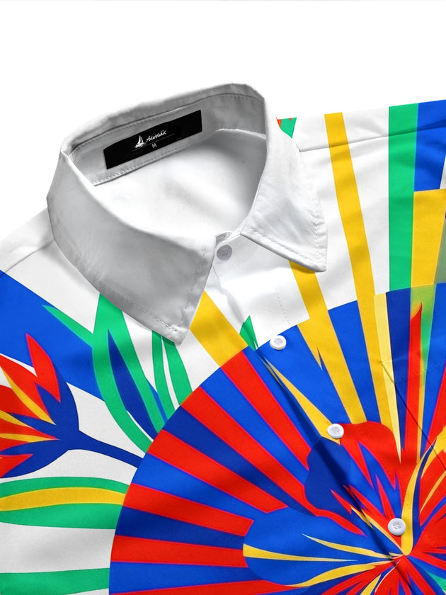 Adaychic Men's Short Sleeve Shirt - Tropical Hibiscus And Geometric Sunburst Print with Chest Pocket