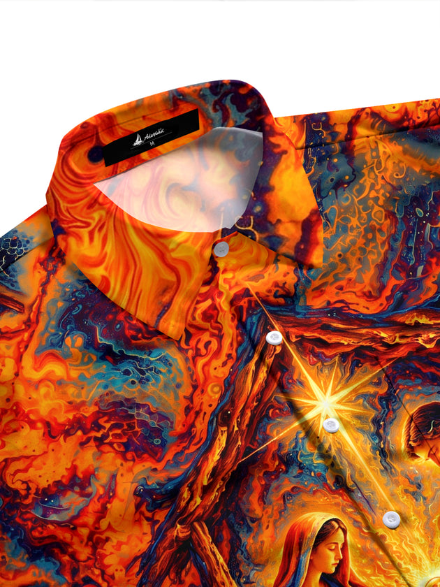 Adaychic Men's Long Sleeve Shirt - Nativity Scene With Holy Family And Star Of Bethlehem Print with Chest Pocket