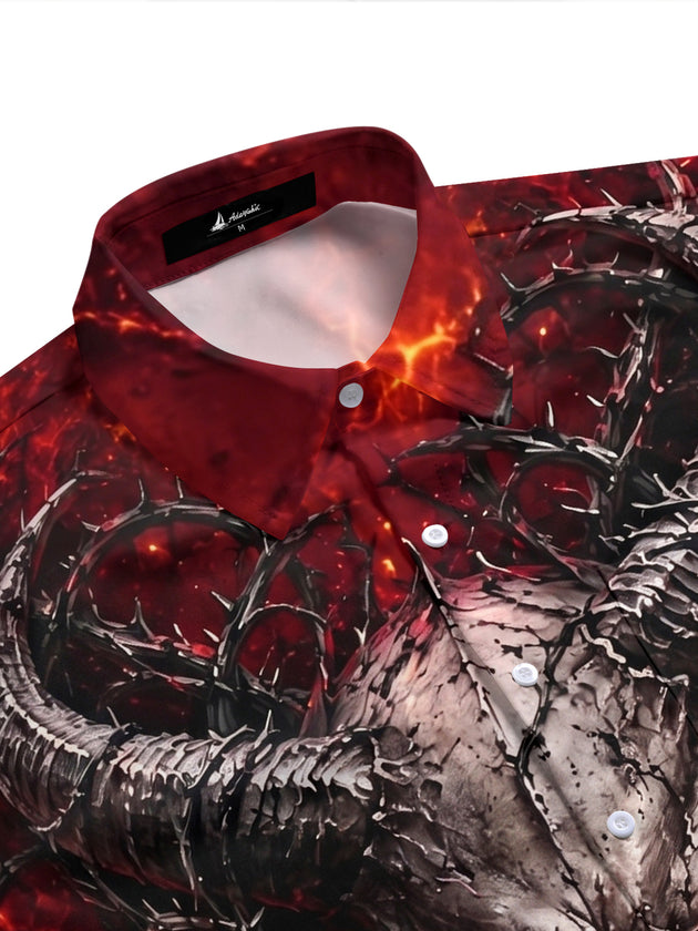 Adaychic Men's Graphic Demon Skull Print Short Sleeve Shirt with Chest Pocket