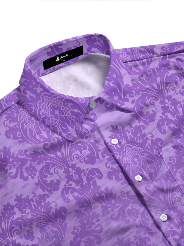 Adaychic Men's Printed Purple Damask Pattern Long Sleeve Shirt with Chest Pocket