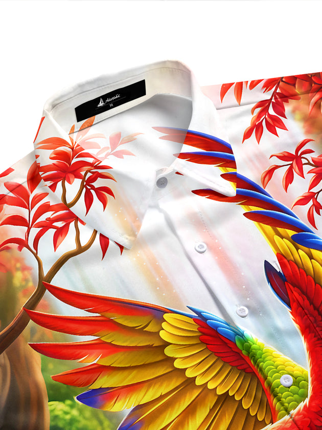 Adaychic Men's Hawaiian Scarlet Macaw Print Short Sleeve Shirt with Chest Pocket