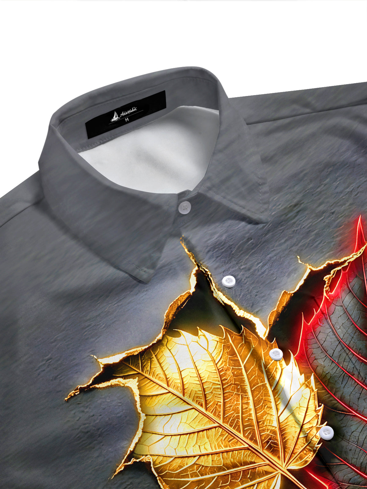 Adaychic Men's 3D Autumn Leaves Print Tearing Effect Print Short Sleeve Shirt with Chest Pocket