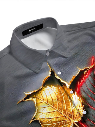 Adaychic Men's 3D Autumn Leaves Print Tearing Effect Print Short Sleeve Shirt with Chest Pocket