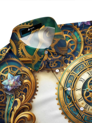 Adaychic Men's Graphic Steampunk Clock Gears And Gems Print Short Sleeve Shirt with Chest Pocket