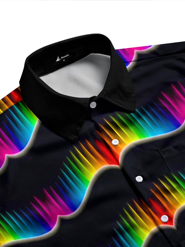 Adaychic Men's Patterned Rainbow Wave Lines Print Long Sleeve Shirt with Chest Pocket