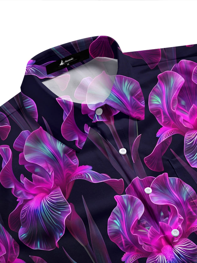 Adaychic Men's Hawaiian Purple Iris Flowers Print Short Sleeve Shirt with Chest Pocket