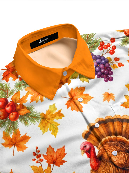 Adaychic Men's Thanksgiving Turkey And Harvest Produce Print Long Sleeve Shirt with Chest Pocket