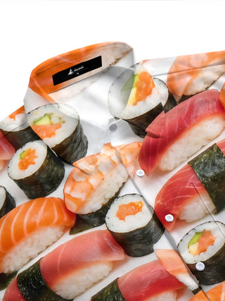 Adaychic Men's Hawaiian Sushi Rolls And Nigiri Print Short Sleeve Shirt with Chest Pocket