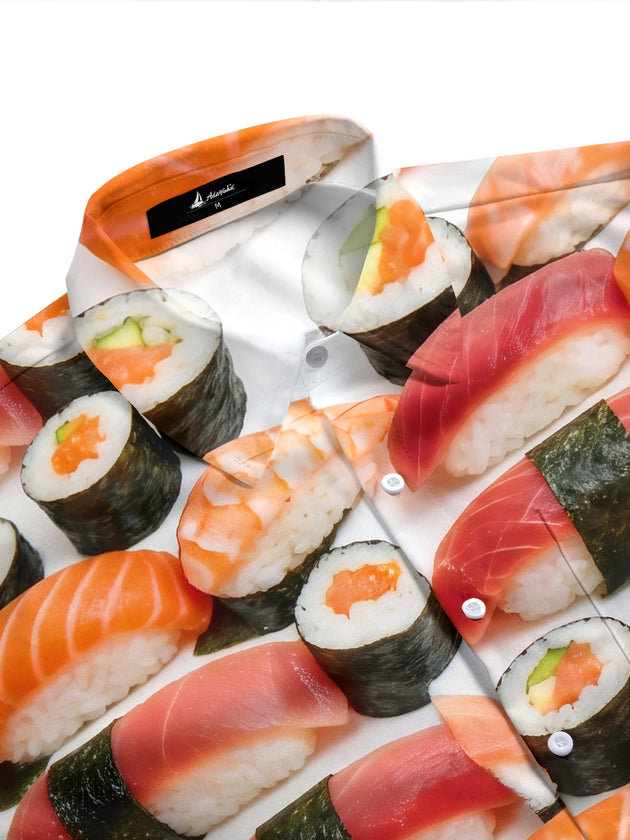Adaychic Men's Hawaiian Sushi Rolls And Nigiri Print Short Sleeve Shirt with Chest Pocket
