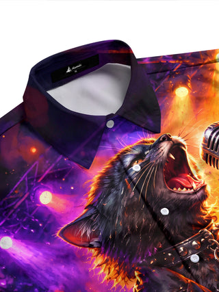 Adaychic Men's Long Sleeve Shirt - Rock Black Cat With Microphone And Leather Jacket Print with Chest Pocket