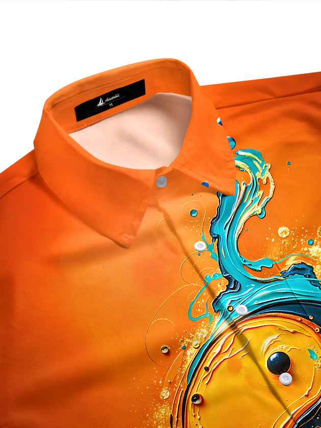 Adaychic Art Abstract Orange‑Blue Yin Yang Fluid Men's Printed Short Sleeve Shirt with Chest Pocket