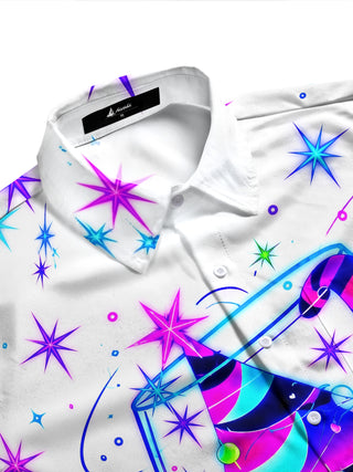 Adaychic Men's Neon Christmas Tree In Wine Glass Print Long Sleeve Shirt with Chest Pocket