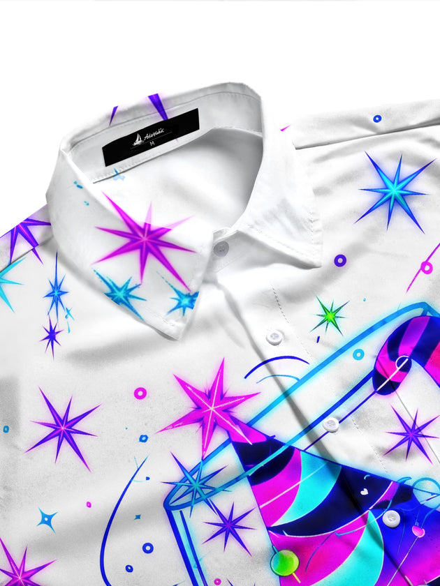 Adaychic Men's Neon Christmas Tree In Wine Glass Print Long Sleeve Shirt with Chest Pocket