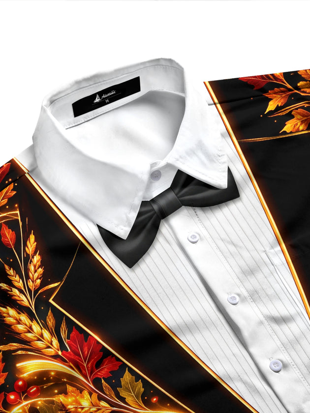 Adaychic Men's Long Sleeve Shirt - Thanksgiving Harvest Cornucopia With Wheat And Acorns Print with Chest Pocket