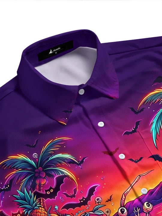 Adaychic Men's Halloween Monster And Jack-o-lanterns Print Short Sleeve Shirt with Chest Pocket