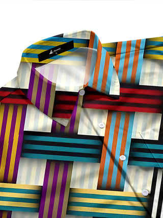 Adaychic Men's Printed Colorful Geometric Stripes Print Long Sleeve Shirt with Chest Pocket
