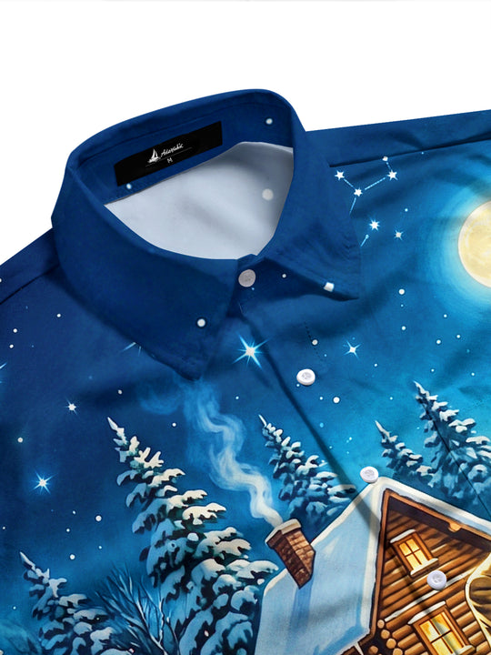 Adaychic Men's Vintage Style Vintage Couple Ice Skating Print Long Sleeve Shirt with Chest Pocket
