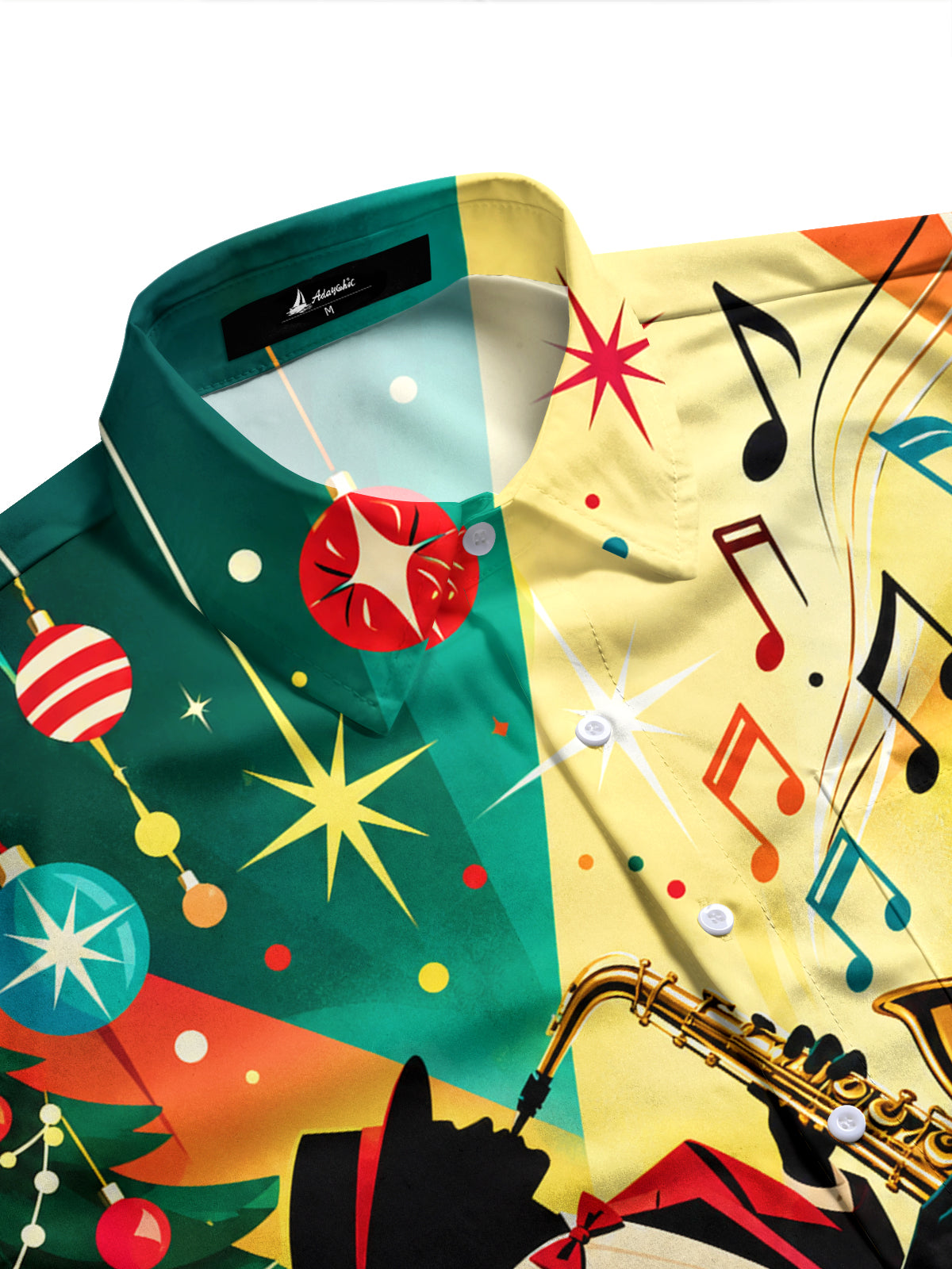 Adaychic Men's Graphic Christmas Jazz Saxophone Print Long Sleeve Shirt with Chest Pocket