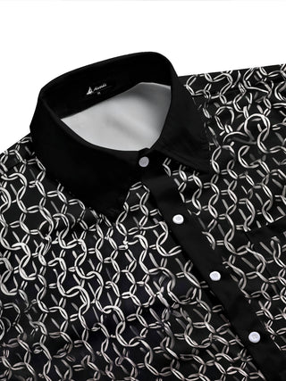 Adaychic Men's Printed Chain Link Pattern Long Sleeve Shirt with Chest Pocket
