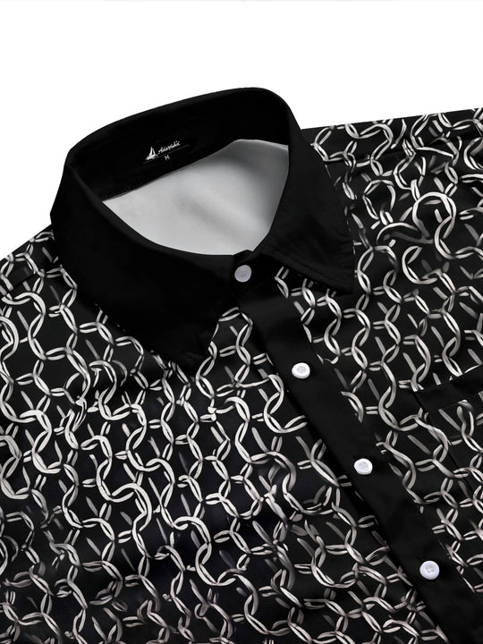 Adaychic Men's Printed Chain Link Pattern Long Sleeve Shirt with Chest Pocket