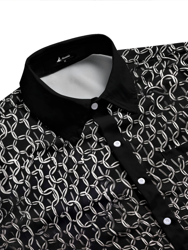 Adaychic Men's Printed Chain Link Pattern Long Sleeve Shirt with Chest Pocket