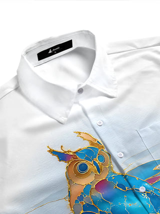 Adaychic Men's Graphic Stylized Owl Print Short Sleeve Shirt with Chest Pocket