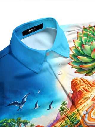 Adaychic Men's Long Sleeve Shirt - Desert Oasis Landscape With Cacti And Fish Print with Chest Pocket
