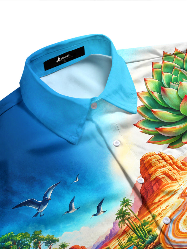 Adaychic Men's Long Sleeve Shirt - Desert Oasis Landscape With Cacti And Fish Print with Chest Pocket