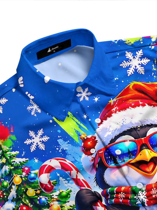 Adaychic Men's Long Sleeve Shirt - Christmas Penguin With Santa Hat And Sunglasses Print with Chest Pocket