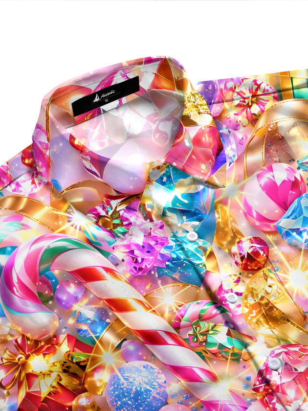 Adaychic Men's Christmas Candy Canes And Lollipops Print Long Sleeve Shirt with Chest Pocket