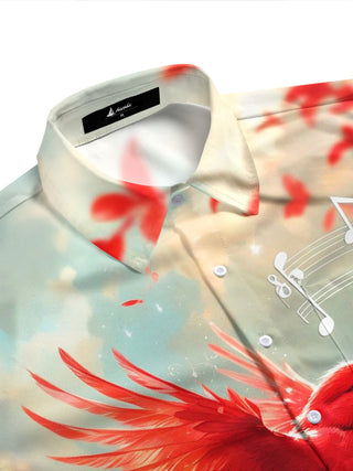 Adaychic Men's Graphic Red Bird Print Musical Notes Print Short Sleeve Shirt with Chest Pocket