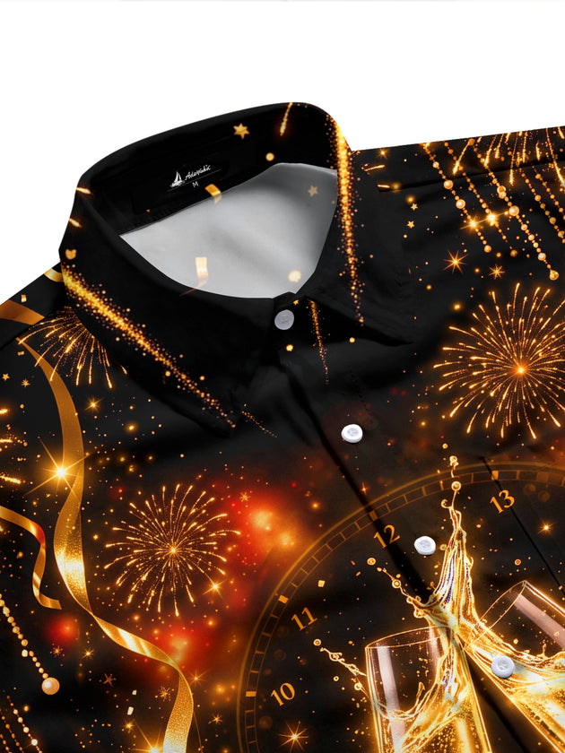 Adaychic Men's New Year Champagne Glasses And Clock Print Long Sleeve Shirt with Chest Pocket