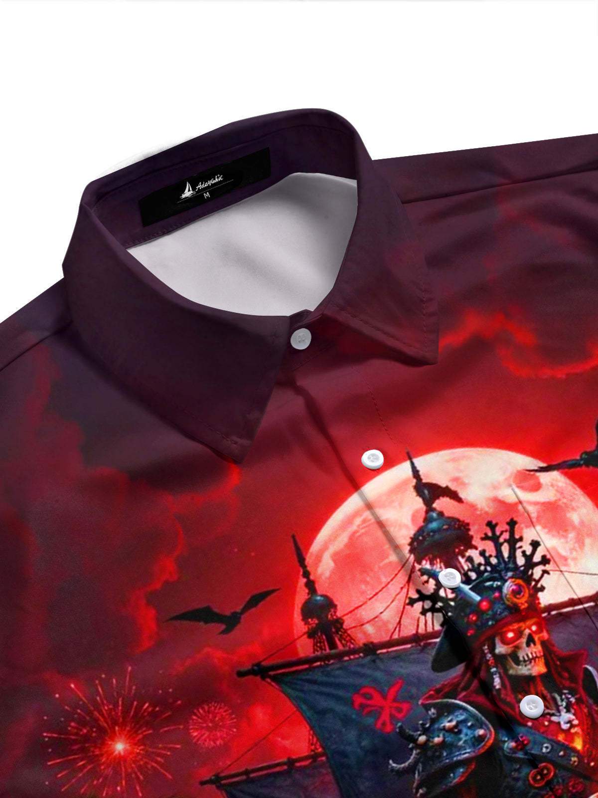 Adaychic Men's Graphic Halloween Pirate Ship Print Short Sleeve Shirt with Chest Pocket