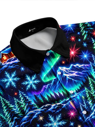 Adaychic Men's Long Sleeve Shirt - Aurora Borealis And Snowy Mountain Landscape Print with Chest Pocket