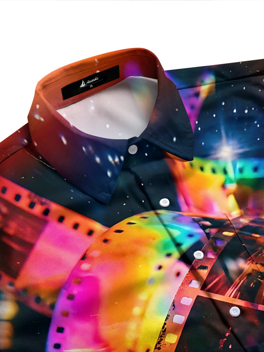Adaychic Men's Long Sleeve Shirt - Colorful Film Strips And Space Background Print with Chest Pocket