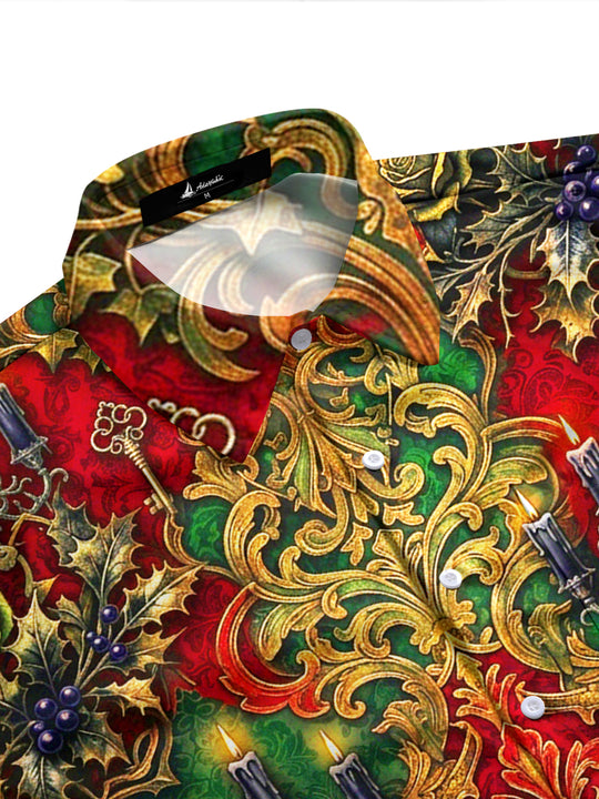 Adaychic Men's Long Sleeve Shirt - Christmas Vintage Gothic Candelabras And Raven Birdcages Print with Chest Pocket