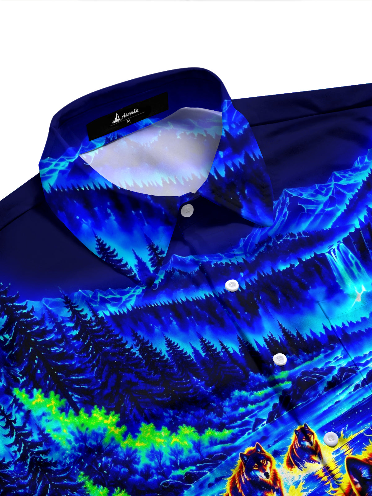 Adaychic Men's Long Sleeve Stand Collar Shirt - Psychedelic Wolves In River Landscape Print