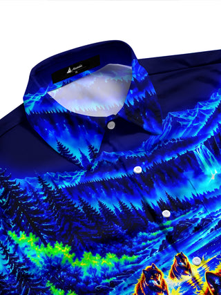 Adaychic Men's Long Sleeve Stand Collar Shirt - Psychedelic Wolves In River Landscape Print