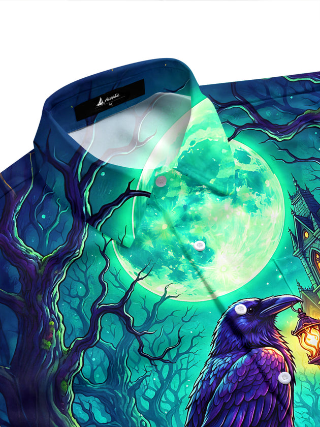 Adaychic Men's Halloween Black Cats And Pumpkins Print Short Sleeve Shirt with Chest Pocket