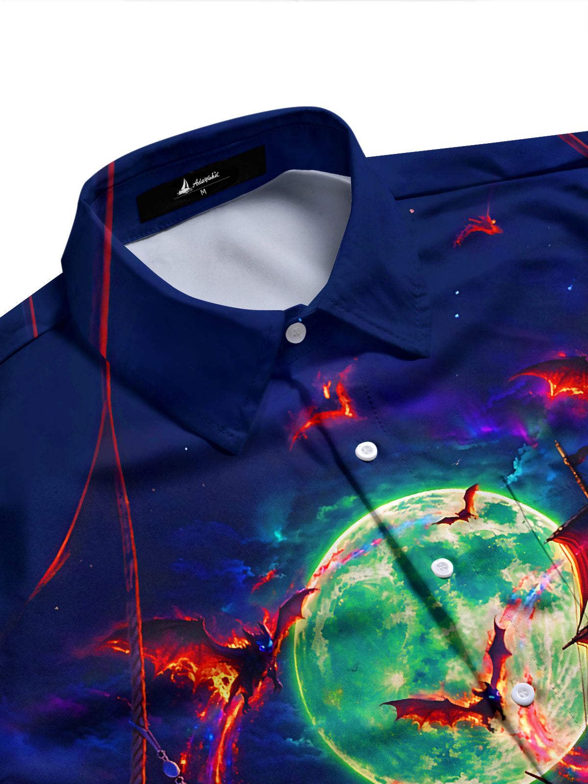 Adaychic Men's Long Sleeve Shirt - Ghost Pirate Ship And Bats Under Full Moon Print with Chest Pocket