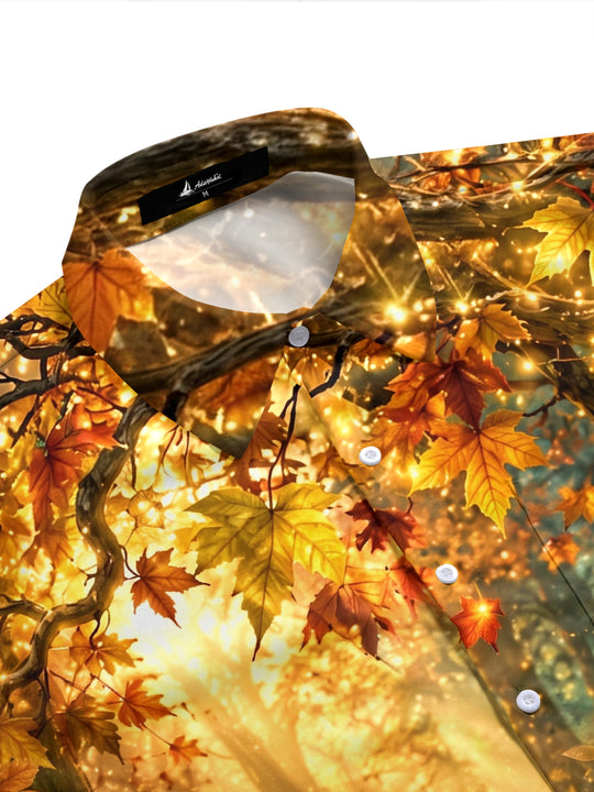 Adaychic Men's Short Sleeve Shirt - Autumn Forest With Glowing Mushrooms And Butterflies Print with Chest Pocket