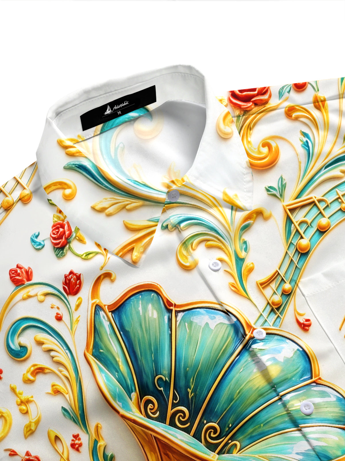 Adaychic Men's Vintage Style 3D Relief Gramophone Print Short Sleeve Shirt with Chest Pocket
