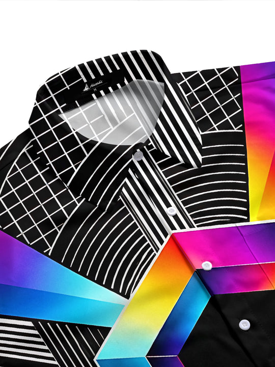 Adaychic Men's Geometric Rainbow Hexagon And Stripes Print Short Sleeve Shirt with Chest Pocket