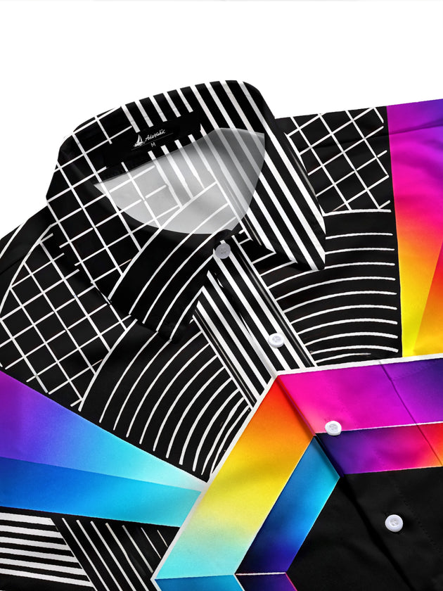Adaychic Men's Geometric Rainbow Hexagon And Stripes Print Short Sleeve Shirt with Chest Pocket