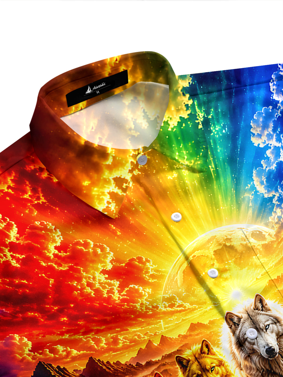 Adaychic Men's Hawaiian Rainbow Wolves Print Short Sleeve Shirt with Chest Pocket