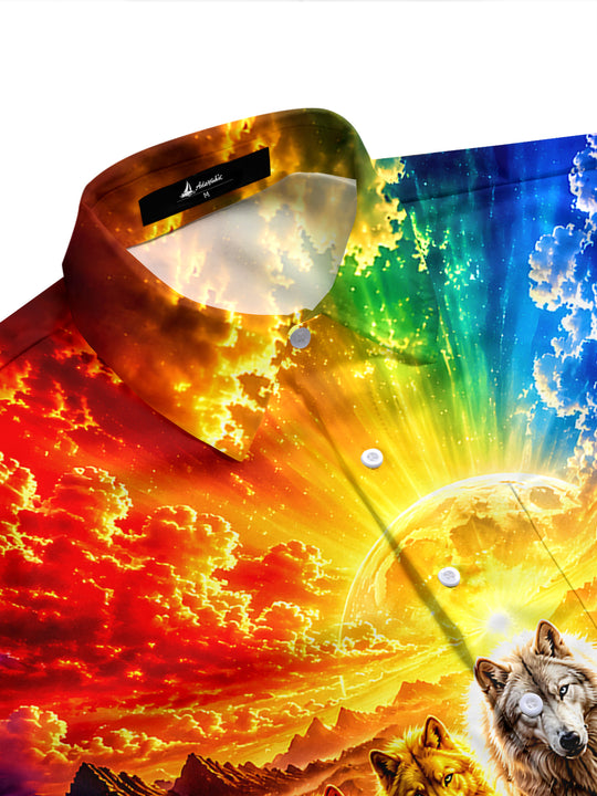 Adaychic Men's Hawaiian Rainbow Wolves Print Short Sleeve Shirt with Chest Pocket