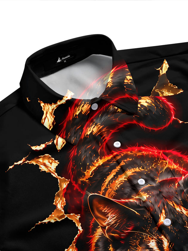Adaychic Men's Short Sleeve Shirt - Black Cat With Red Eyes Bursting Through Fabric Print with Chest Pocket